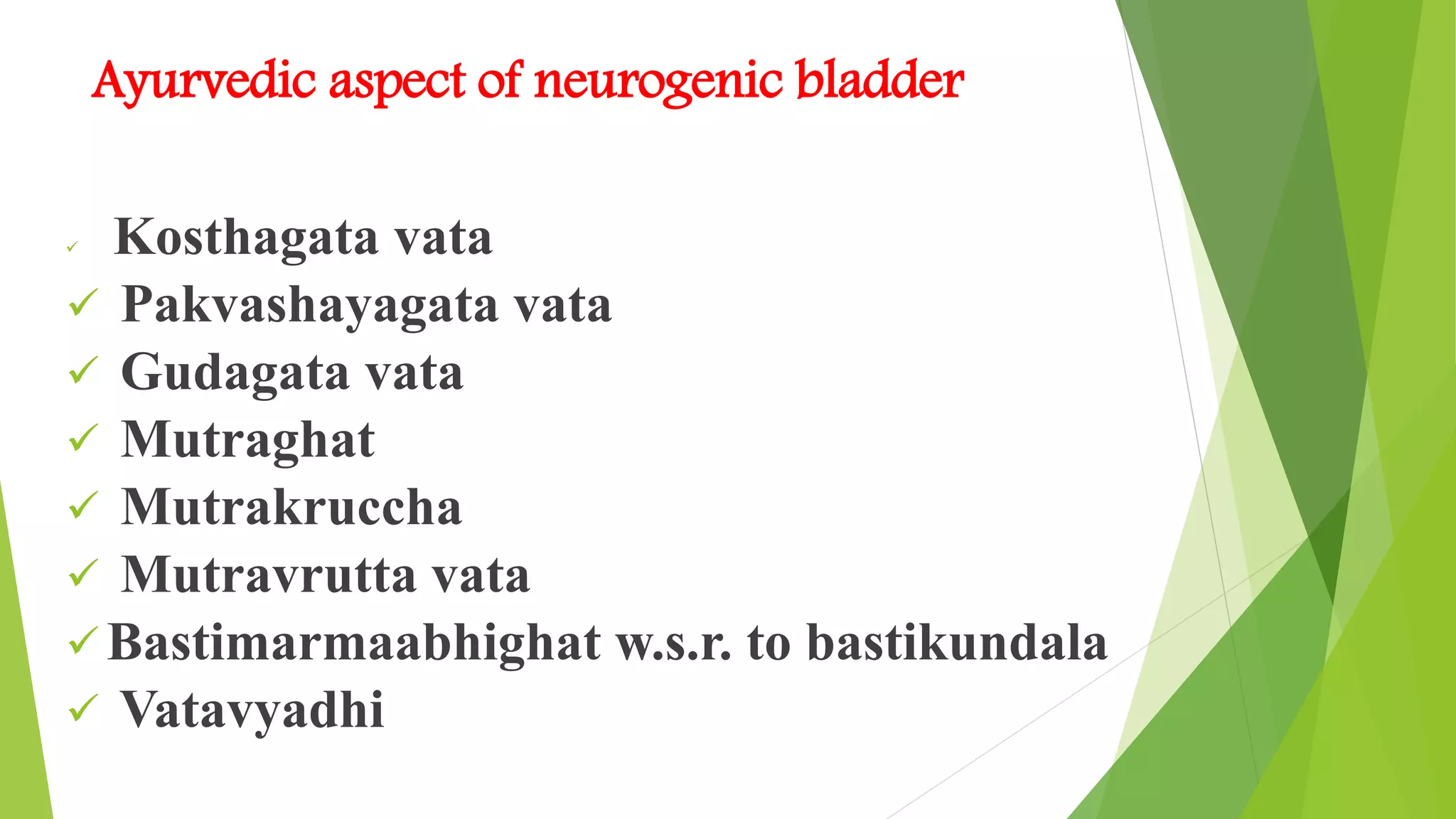 Ayurvedic aspect of neurogenic bladder
 Kosthagata vata
 Pakvashayagata vata
 Gudagata vata
 Mutraghat
 Mutrakruccha
 Mutravrutta vata
 Bastimarmaabhighat w.s.r. to bastikundala
 Vatavyadhi
 