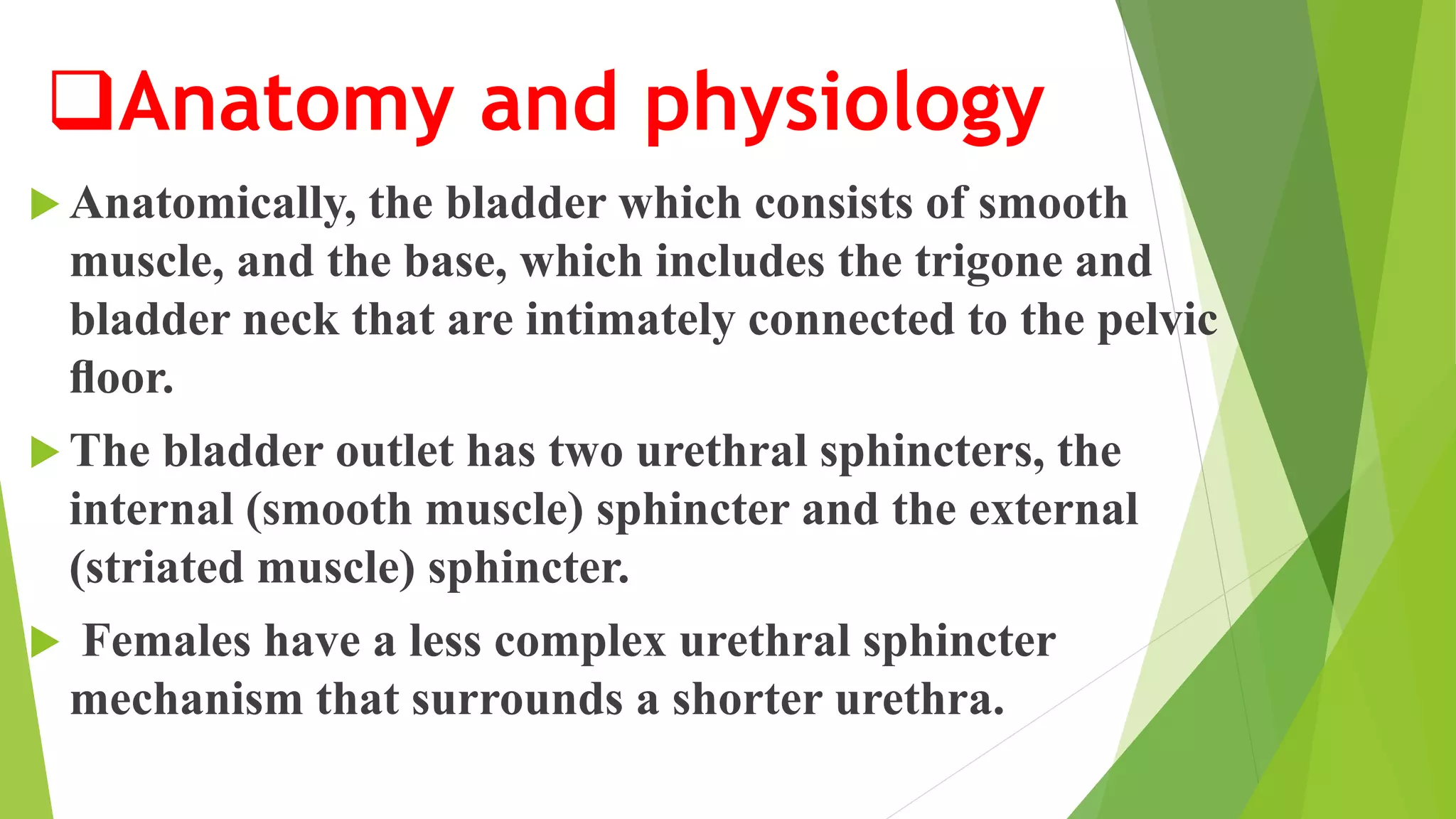 Anatomy and physiology
 Anatomically, the bladder which consists of smooth
muscle, and the base, which includes the trigone and
bladder neck that are intimately connected to the pelvic
ﬂoor.
 The bladder outlet has two urethral sphincters, the
internal (smooth muscle) sphincter and the external
(striated muscle) sphincter.
 Females have a less complex urethral sphincter
mechanism that surrounds a shorter urethra.
 