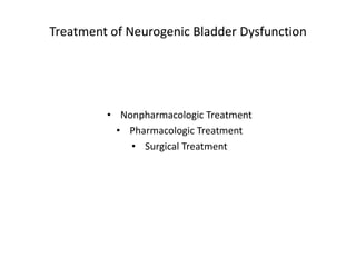Treatment of Neurogenic Bladder Dysfunction
• Nonpharmacologic Treatment
• Pharmacologic Treatment
• Surgical Treatment
 