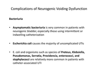 Complications of Neurogenic Voiding Dysfunction
Bacteriuria
• Asymptomatic bacteriuria is very common in patients with
neurogenic bladder, especially those using intermittent or
indwelling catheterization
• Escherichia coli causes the majority of uncomplicated UTIs
• E. coli and organisms such as species of Proteus, Klebsiella,
Pseudomonas, Serratia, Providencia, enterococci, and
staphylococci are relatively more common in patients with
catheter-associated UTI
 