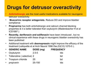 Drugs for detrusor overactivity
• Anticholinergic are the most useful medications available for neurogenic
detrusor overac...