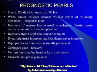 PROGNOSTIC PEARLS
   Flaccid Paralysis for more than 96 hrs
   When tendon reflexes recover without return of voluntary
    movement – prognosis poor
   Recovery of sensory less in usual to a degree. Postion sense
    recovers but not pain and temperature
   Recovery from Dysphasia is never complete
   Dysarthria usual improves and Dysphagia never improves
   Diplopia due to brain stem is usually permanent
   Conjugate gaze – recovers
   Vertigo improves but hearing loss is permanent
   Pseudobulbar palsy permanent

            “ByNature All Men/W en are alike but
                               om
                byEducation widelydifferent”
 