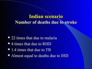 Indian scenario
    Number of deaths due to stroke


 22  times that due to malaria
 4 times that due to RHD

 1.4 times that due to TB

 Almost equal to deaths due to IHD
 