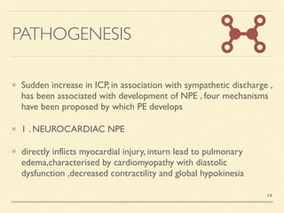 PATHOGENESIS
Sudden increase in ICP, in association with sympathetic discharge ,
has been associated with development of NPE , four mechanisms
have been proposed by which PE develop
s

1 . NEUROCARDIAC NP
E

directly inflicts myocardial injury, inturn lead to pulmonary
edema,characterised by cardiomyopathy with diastolic
dysfunction ,decreased contractility and global hypokinesia
14
 