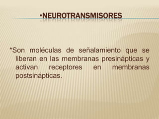 •NEUROTRANSMISORES



*Son moléculas de señalamiento que se
  liberan en las membranas presinápticas y
  activan    receptores en    membranas
  postsinápticas.
 