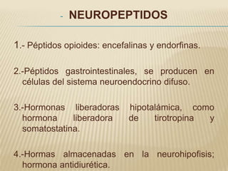-   NEUROPEPTIDOS

1.- Péptidos opioides: encefalinas y endorfinas.

2.-Péptidos gastrointestinales, se producen en
  células del sistema neuroendocrino difuso.

3.-Hormonas liberadoras      hipotalámica, como
  hormona     liberadora     de    tirotropina y
  somatostatina.

4.-Hormas almacenadas en la neurohipofisis;
  hormona antidiurética.
 