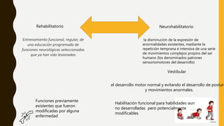 Rehabilitatorio Neurohabilitatorio
Entrenamiento funcional, regular, de
una educación programada de
funciones neurológicas seleccionadas
que ya han sido lesionadas
la disminución de la expresión de
anormalidades existentes, mediante la
repetición temprana e intensiva de una serie
de movimientos complejos propios del ser
humano (los denominados patrones
sensoriomotores del desarrollo)
Vestibular
el desarrollo motor normal y evitando el desarrollo de postura
y movimientos anormales.
Funciones previamente
existentes que fueron
modificadas por alguna
enfermedad
Habilitación funcional para habilidades aun
no desarrolladas pero potencialmente
modificables
 