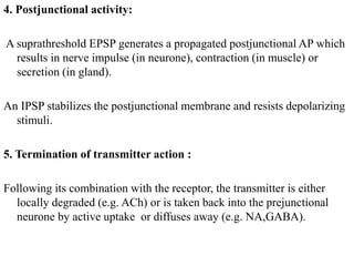 4. Postjunctional activity:
A suprathreshold EPSP generates a propagated postjunctional AP which
results in nerve impulse (in neurone), contraction (in muscle) or
secretion (in gland).
An IPSP stabilizes the postjunctional membrane and resists depolarizing
stimuli.
5. Termination of transmitter action :
Following its combination with the receptor, the transmitter is either
locally degraded (e.g. ACh) or is taken back into the prejunctional
neurone by active uptake or diffuses away (e.g. NA,GABA).
 