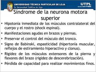 Síndrome de la neurona motora superior Hipotonía inmediata de los músculos contralateral del cuerpo y el rostro (shock espinal). Manifestaciones agudas en brazos y piernas. Preservar el control del músculo del tronco.  Signo de Babinski, espasticidad (hipertonía muscular, reflejos de estiramiento hiperactivo y clonus).  Rigidez de los músculos extensores de la pierna y flexores del brazo (rigidez de descerebrización).  Pérdida de capacidad para realizar movimientos finos.  
