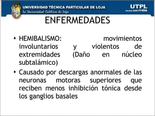ENFERMEDADES HEMIBALISMO: movimientos involuntarios y violentos de extremidades (Daño en núcleo subtalámico) Causado por descargas anormales de las neuronas motoras superiores que reciben menos inhibición tónica desde los ganglios basales 