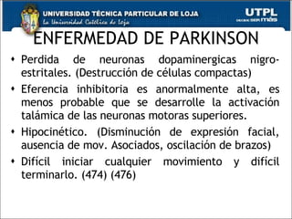 ENFERMEDAD DE PARKINSON Perdida de neuronas dopaminergicas nigro-estritales. (Destrucción de células compactas) Eferencia inhibitoria es anormalmente alta, es menos probable que se desarrolle la activación talámica de las neuronas motoras superiores. Hipocinético. (Disminución de expresión facial, ausencia de mov. Asociados, oscilación de brazos) Difícil iniciar cualquier movimiento y difícil terminarlo. (474) (476) 