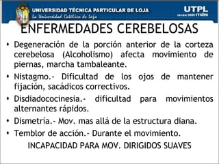 ENFERMEDADES CEREBELOSAS Degeneración de la porción anterior de la corteza cerebelosa (Alcoholismo) afecta movimiento de piernas, marcha tambaleante.  Nistagmo.- Dificultad de los ojos de mantener fijación, sacádicos correctivos. Disdiadococinesia.- dificultad para movimientos alternantes rápidos. Dismetría.- Mov. mas allá de la estructura diana. Temblor de acción.- Durante el movimiento. INCAPACIDAD PARA MOV. DIRIGIDOS SUAVES 