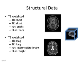 Structural Data
• T1 weighted
– TR: short
– TE: short
– Fat: bright
– Fluid: dark
• T2 weighted
– TR: long
– TE: long
– Fat: intermediate-bright
– Fluid: bright
DATA
 