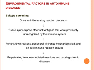 ENVIRONMENTAL FACTORS IN AUTOIMMUNE
DISEASES
Epitope spreading
Once an inflammatory reaction proceeds
↓
Tissue injury expose other self-antigens that were previously
unrecognized by the immune system
↓
For unknown reasons, peripheral tolerance mechanisms fail, and
an autoimmune reaction ensues
↓
Perpetuating immune-mediated reactions and causing chronic
diseases
 