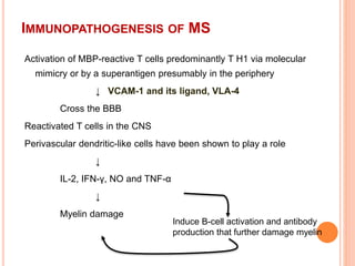 IMMUNOPATHOGENESIS OF MS
Activation of MBP-reactive T cells predominantly T H1 via molecular
mimicry or by a superantigen presumably in the periphery
↓ VCAM-1 and its ligand, VLA-4
Cross the BBB
Reactivated T cells in the CNS
Perivascular dendritic-like cells have been shown to play a role
↓
IL-2, IFN-γ, NO and TNF-α
↓
Myelin damage
Induce B-cell activation and antibody
production that further damage myelin
 