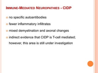 IMMUNE-MEDIATED NEUROPATHIES - CIDP
 no specific autoantibodies
 fewer inflammatory infiltrates
 mixed demyelination and axonal changes
 indirect evidence that CIDP is T-cell mediated;
however, this area is still under investigation
 