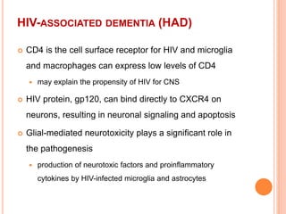 HIV-ASSOCIATED DEMENTIA (HAD)
 CD4 is the cell surface receptor for HIV and microglia
and macrophages can express low levels of CD4
 may explain the propensity of HIV for CNS
 HIV protein, gp120, can bind directly to CXCR4 on
neurons, resulting in neuronal signaling and apoptosis
 Glial-mediated neurotoxicity plays a significant role in
the pathogenesis
 production of neurotoxic factors and proinflammatory
cytokines by HIV-infected microglia and astrocytes
 