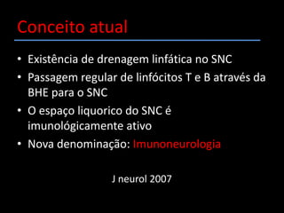 Conceito atualExistência de drenagem linfática no SNCPassagem regular de linfócitos T e B através da BHE para o SNCO espaço liquorico do SNC é imunológicamente ativoNova denominação: ImunoneurologiaJ neurol 2007