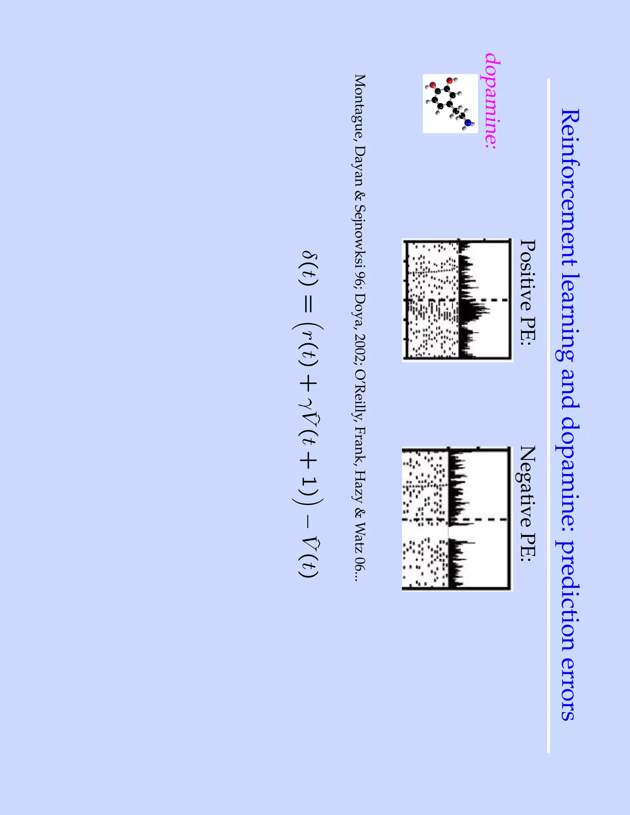 Reinforcement learning and dopamine: prediction errors
                           Positive PE:                    Negative PE:
dopamine:
  Montague, Dayan & Sejnowksi 96; Doya, 2002; O’Reilly, Frank, Hazy & Watz 06...
                                             ˆ           ˆ
                             δ(t) = r(t) + γ V (t + 1) − V (t)
 