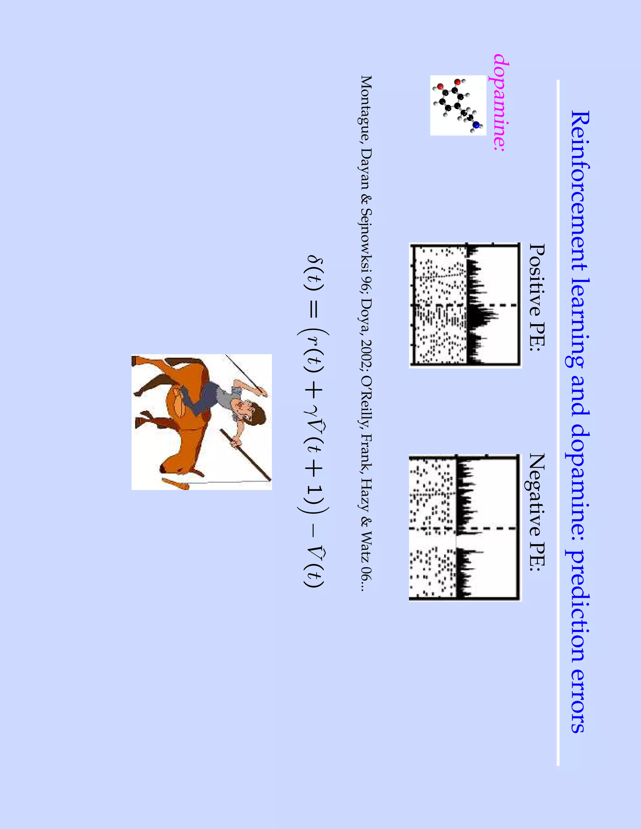 Reinforcement learning and dopamine: prediction errors
                           Positive PE:                    Negative PE:
dopamine:
  Montague, Dayan & Sejnowksi 96; Doya, 2002; O’Reilly, Frank, Hazy & Watz 06...
                                             ˆ           ˆ
                             δ(t) = r(t) + γ V (t + 1) − V (t)
 
