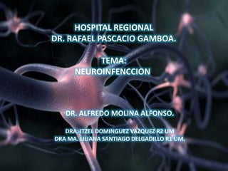 HOSPITAL REGIONAL
DR. RAFAEL PASCACIO GAMBOA.
TEMA:
NEUROINFENCCION.
DR. ALFREDO MOLINA ALFONSO.
DRA. ITZEL DOMINGUEZ VAZQUEZ R2 UM
DRA MA. LILIANA SANTIAGO DELGADILLO R1 UM.
 
