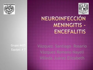 Neuroinfección meningitis - encefalitis Grupo:4435 Equipo: # 7 Vázquez  Santiago  Rosario Vázquez Romano Nayeli Villeda Juárez Elizabeth 