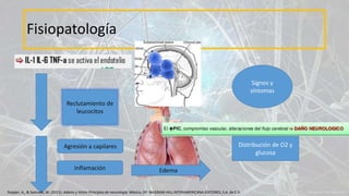 Fisiopatología
Reclutamiento de
leucocitos
Agresión a capilares
Inflamación Edema
Distribución de O2 y
glucosa
Signos y
síntomas
Ropper, A., & Samuels, M. (2011). Adams y Victor Principios de neurología. México, DF: McGRAW-HILL INTERAMERICANA EDITORES, S.A. de C.V.
 