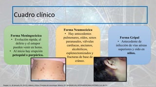 Cuadro clínico
Forma Meningocócica
• Evolución rápida; el
delirio y el estupor
pueden venir en horas.
• Al inicio hay erupción
petequial o purpúrica.
Forma Neumocócica
• Hay antecedentes
pulmonares, oídos, senos
paranasales, válvulas
cardiacas, ancianos,
alcohólicos,
esplenectomizados y
fracturas de base de
cráneo.
Forma Gripal
• Antecedente de
infección de vías aéreas
superiores y oído en
niños.
Ropper, A., & Samuels, M. (2011). Adams y Victor Principios de neurología. México, DF: McGRAW-HILL INTERAMERICANA EDITORES, S.A. de C.V.
 