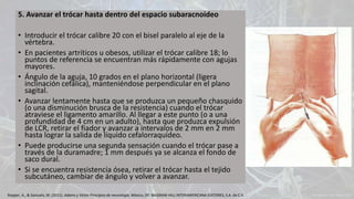 5. Avanzar el trócar hasta dentro del espacio subaracnoideo
• Introducir el trócar calibre 20 con el bisel paralelo al eje de la
vértebra.
• En pacientes artríticos u obesos, utilizar el trócar calibre 18; lo
puntos de referencia se encuentran más rápidamente con agujas
mayores.
• Ángulo de la aguja, 10 grados en el plano horizontal (ligera
inclinación cefálica), manteniéndose perpendicular en el plano
sagital.
• Avanzar lentamente hasta que se produzca un pequeño chasquido
(o una disminución brusca de la resistencia) cuando el trócar
atraviese el ligamento amarillo. Al llegar a este punto (o a una
profundidad de 4 cm en un adulto), hasta que produzca expulsión
de LCR, retirar el fiador y avanzar a intervalos de 2 mm en 2 mm
hasta lograr la salida de líquido cefalorraquídeo.
• Puede producirse una segunda sensación cuando el trócar pase a
través de la duramadre; 1 mm después ya se alcanza el fondo de
saco dural.
• Si se encuentra resistencia ósea, retirar el trócar hasta el tejido
subcutáneo, cambiar de ángulo y volver a avanzar.
Ropper, A., & Samuels, M. (2011). Adams y Victor Principios de neurología. México, DF: McGRAW-HILL INTERAMERICANA EDITORES, S.A. de C.V.
 