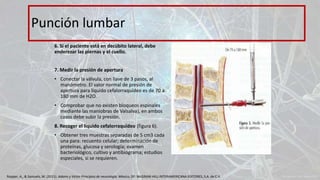 6. Si el paciente está en decúbito lateral, debe
enderezar las piernas y el cuello.
7. Medir la presión de apertura
• Conectar la válvula, con llave de 3 pasos, al
manómetro. El valor normal de presión de
apertura para líquido cefalorraquídeo es de 70 a
180 mm de H2O.
• Comprobar que no existen bloqueos espinales
mediante las maniobras de Valsalva), en ambos
casos debe subir la presión.
8. Recoger el líquido cefalorraquídeo (figura 6).
• Obtener tres muestras separadas de 5 cm3 cada
una para: recuento celular; determinación de
proteínas, glucosa y serología; examen
bacteriológico, cultivo y antibiograma; estudios
especiales, si se requieren.
Punción lumbar
Ropper, A., & Samuels, M. (2011). Adams y Victor Principios de neurología. México, DF: McGRAW-HILL INTERAMERICANA EDITORES, S.A. de C.V.
 
