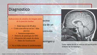 IMAGEN
• Rx de tórax  neumonía o absceso
• TAC: puede mostrar la presencia de un
absceso o empiema subdural
• Dilatación meníngea y de los ventrículos
• Edema cerebral
• Infarto cerebral
• RM con gadolinio: exudado meníngeo y
la reacción cortical
Diagnostico
Corte sagital donde se aprecia una acentuación
brillante de las meninges.
Indicaciones de estudios de imagen antes
de la punción lumbar:
• Edad mayor de 60 años
• Crisis convulsivas en los 7 días
previos
• Inmunocompromiso
• Historia de patología de SNC
• Alteración del estado de alerta
• Datos de focalización
• No se debe retrasar la antibioterapia
Ropper, A., & Samuels, M. (2011). Adams y Victor Principios de neurología. México, DF: McGRAW-HILL INTERAMERICANA EDITORES, S.A. de C.V.
 
