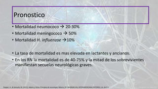 • Mortalidad neumococo  20-30%
• Mortalidad meningococo  50%
• Mortalidad H. influenzae 10%
• La tasa de mortalidad es mas elevada en lactantes y ancianos.
• En los RN la mortalidad es de 40-75% y la mitad de los sobrevivientes
manifiestan secuelas neurológicas graves.
Pronostico
Ropper, A., & Samuels, M. (2011). Adams y Victor Principios de neurología. México, DF: McGRAW-HILL INTERAMERICANA EDITORES, S.A. de C.V.
 