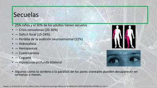 • 25% niños y el 30% de los adultos tienen secuelas
• — Crisis convulsivas (20-30%)
• — Déficit focal (10-24%)
• — Perdida de la audición neurosensorial (22%)
• — Hidrocefalia
• — Hemiparesia
• — Cuadriparesia
• — Ceguera
• — Hipoacusia profunda bilateral
• Algunos como la sordera o la parálisis de los pares craneales pueden desaparecer en
semanas o meses.
Secuelas
Ropper, A., & Samuels, M. (2011). Adams y Victor Principios de neurología. México, DF: McGRAW-HILL INTERAMERICANA EDITORES, S.A. de C.V.
 