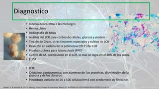 • Biopsia del cerebro o las meninges
• Hemocultivo
• Radiografía de tórax
• Análisis del LCR para conteo de células, glucosa y proteín
• Tinción de Gram, otras tinciones especiales y cultivo de LCR
• Reacción en cadena de la polimerasa (RCP) del LCR
• Prueba cutánea para tuberculosis (PPD)
• Cultivo de M. tuberculosis en el LCR, lo cual se logra en el 80% de los casos.
• ELISA
• LCR:
• Cristalino, xantocromico, con aumento de las proteínas, disminución de la
glucosa y de los cloruros
• Pleocitosis variable de 20 a 500 células/mm3 con predominio de linfocitos
Diagnostico
Ropper, A., & Samuels, M. (2011). Adams y Victor Principios de neurología. México, DF: McGRAW-HILL INTERAMERICANA EDITORES, S.A. de C.V.
 