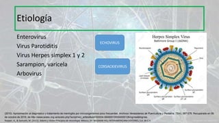 Enterovirus
Virus Parotiditis
Virus Herpes simplex 1 y 2
Sarampion, varicela
Arbovirus
Etiología
ECHOVIRUS
COXSACKIEVIRUS
Ropper, A., & Samuels, M. (2011). Adams y Victor Principios de neurología. México, DF: McGRAW-HILL INTERAMERICANA EDITORES, S.A. de C.V.
(2010). Aproximación al diagnóstico y tratamiento de meningitis por microorganismos poco frecuentes. Archivos Venezolanos de Puericultura y Pediatría, 73(4), 067-076. Recuperado en 06
de octubre de 2016, de http://www.scielo.org.ve/scielo.php?script=sci_arttext&pid=S0004-06492010000400012&lng=es&tlng=es.
 