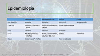 Epidemiología
Neumocócica Meningocócica Gripal Otras
Distribución Mundial Mundial Mundial Nosocomiales
Estación Invierno-Primavera-
Otoño
Invierno- Primavera-
Otoño
Invierno-Primavera
Sexo Varones Varones Varones
Edad Adultos jóvenes y
>50 años
Niños, adolescentes,
adultos <50 años
Niños Neonatos
Notas Epidemias c/10 años Casi erradicada
Ropper, A., & Samuels, M. (2011). Adams y Victor Principios de neurología. México, DF: McGRAW-HILL INTERAMERICANA EDITORES, S.A. de C.V.
 