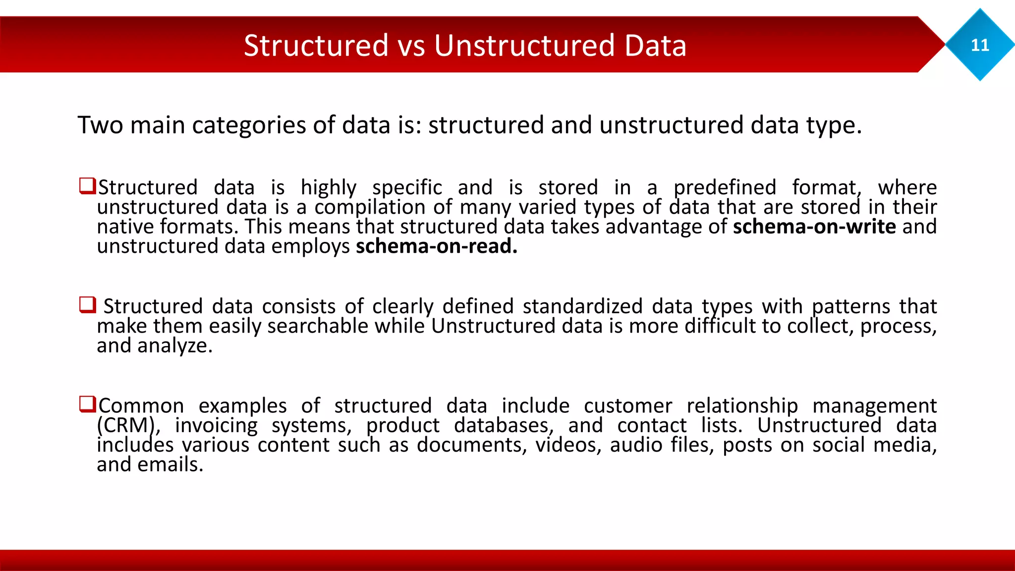 Structured vs Unstructured Data 11
Two main categories of data is: structured and unstructured data type.
Structured data is highly specific and is stored in a predefined format, where
unstructured data is a compilation of many varied types of data that are stored in their
native formats. This means that structured data takes advantage of schema-on-write and
unstructured data employs schema-on-read.
 Structured data consists of clearly defined standardized data types with patterns that
make them easily searchable while Unstructured data is more difficult to collect, process,
and analyze.
Common examples of structured data include customer relationship management
(CRM), invoicing systems, product databases, and contact lists. Unstructured data
includes various content such as documents, videos, audio files, posts on social media,
and emails.
 
