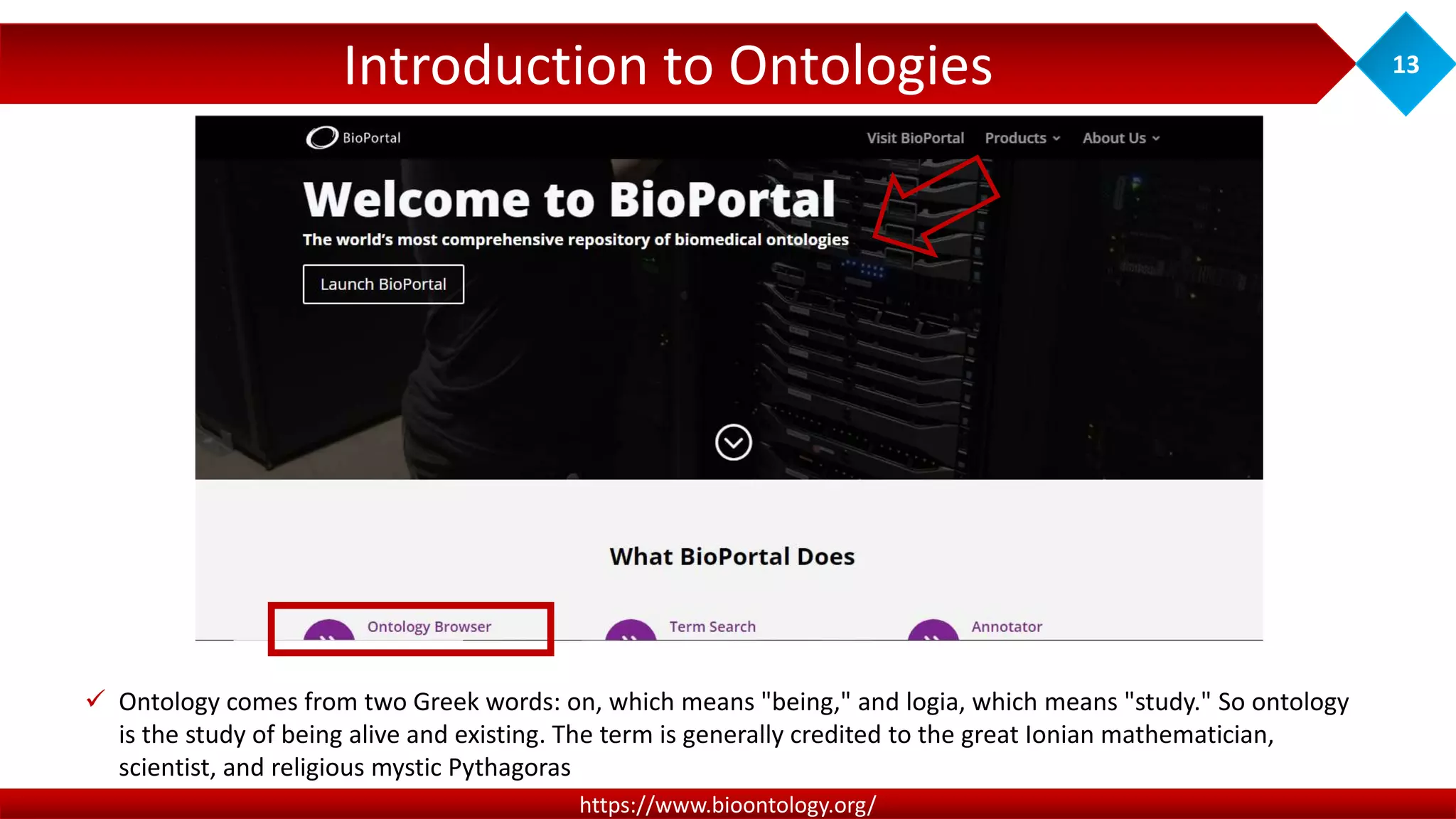 Introduction to Ontologies 13
https://www.bioontology.org/
 Ontology comes from two Greek words: on, which means "being," and logia, which means "study." So ontology
is the study of being alive and existing. The term is generally credited to the great Ionian mathematician,
scientist, and religious mystic Pythagoras
 