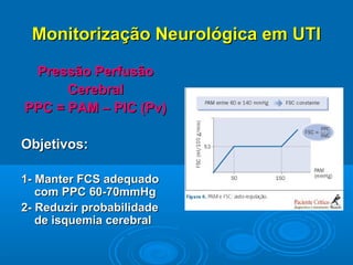 Monitorização Neurológica em UTI

 Pressão Perfusão
      Cerebral
PPC = PAM – PIC (Pv)

Objetivos:

1- Manter FCS adequado
   com PPC 60-70mmHg
2- Reduzir probabilidade
   de isquemia cerebral
 