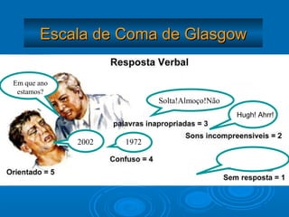 Escala de Coma de Glasgow

Em que ano
 estamos?
                           Solta!Almoço!Não
                                              Hugh! Ahrr!


             2002   1972
 