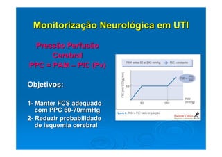 Monitorização Neurológica em UTI

 Pressão Perfusão
      Cerebral
PPC = PAM – PIC (Pv)

Objetivos:

1- Manter FCS adequado
   com PPC 60-70mmHg
2- Reduzir probabilidade
   de isquemia cerebral
 
