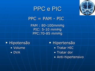 PPC e PIC Hipotensão Volume DVA Hipertensão Tratar HIC Tratar dor Anti-hipertensivo PPC = PAM - PIC PAM : 80-100mmHg PIC: 5-10 mmHg PPC:70-85 mmHg 