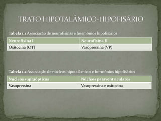 Tabela 1.1 Associação de neurofisinas e hormônios hipofisários
Neurofisina I                            Neurofisina II
Oxitocina (OT)                           Vasopressina (VP)




Tabela 1.2 Associação de núcleos hipotalâmicos e hormônios hipofisários
Núcleos supraópticos                     Núcleos paraventriculares
Vasopressina                             Vasopressina e oxitocina
 
