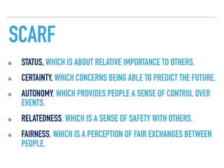 SCARF
STATUS, WHICH IS ABOUT RELATIVE IMPORTANCE TO OTHERS.
CERTAINTY, WHICH CONCERNS BEING ABLE TO PREDICT THE FUTURE.
AUTONOMY, WHICH PROVIDES PEOPLE A SENSE OF CONTROL OVER
EVENTS.
RELATEDNESS, WHICH IS A SENSE OF SAFETY WITH OTHERS.
FAIRNESS, WHICH IS A PERCEPTION OF FAIR EXCHANGES BETWEEN
PEOPLE.
 