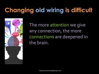 Changing old wiring is difficult
The more attention we give
any connection, the more
connections are deepened in
the brain.
http://concentricleadership.com
 