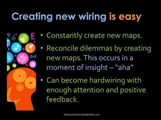Creating new wiring is easy
• Constantly create new maps.
• Reconcile dilemmas by creating
new maps.This occurs in a
moment of insight – “aha”
• Can become hardwiring with
enough attention and positive
feedback.
http://concentricleadership.com
 