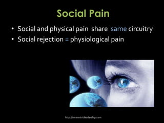 Social Pain
• Social and physical pain share same circuitry
• Social rejection = physiological pain
http://concentricleadership.com
 