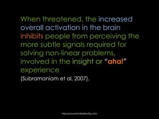 When threatened, the increased
overall activation in the brain
inhibits people from perceiving the
more subtle signals required for
solving non-linear problems,
involved in the insight or “aha!”
experience
(Subramaniam et al, 2007).
http://concentricleadership.com
 