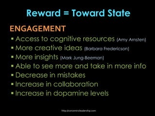 Reward = Toward State
ENGAGEMENT
 Access to cognitive resources (Amy Arnsten)
 More creative ideas (Barbara Fredericson)
 More insights (Mark Jung-Beeman)
 Able to see more and take in more info
 Decrease in mistakes
 Increase in collaboration
 Increase in dopamine levels
http://concentricleadership.com
 