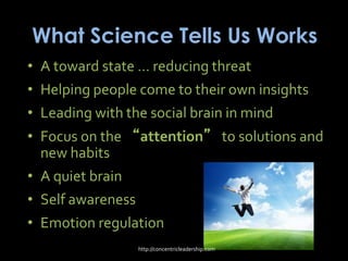 What Science Tells Us Works
• A toward state … reducing threat
• Helping people come to their own insights
• Leading with the social brain in mind
• Focus on the “attention” to solutions and
new habits
• A quiet brain
• Self awareness
• Emotion regulation
http://concentricleadership.com
 